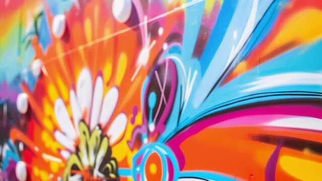 Closeup of a graffiti mural bursting with vibrant colors and powerful messages of peace.
