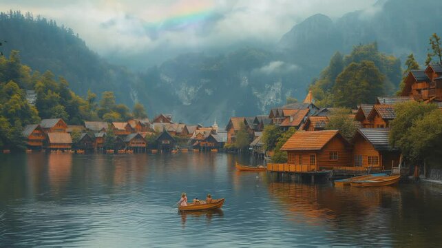 beautiful village scenery with lakes, mountain and wooden boat