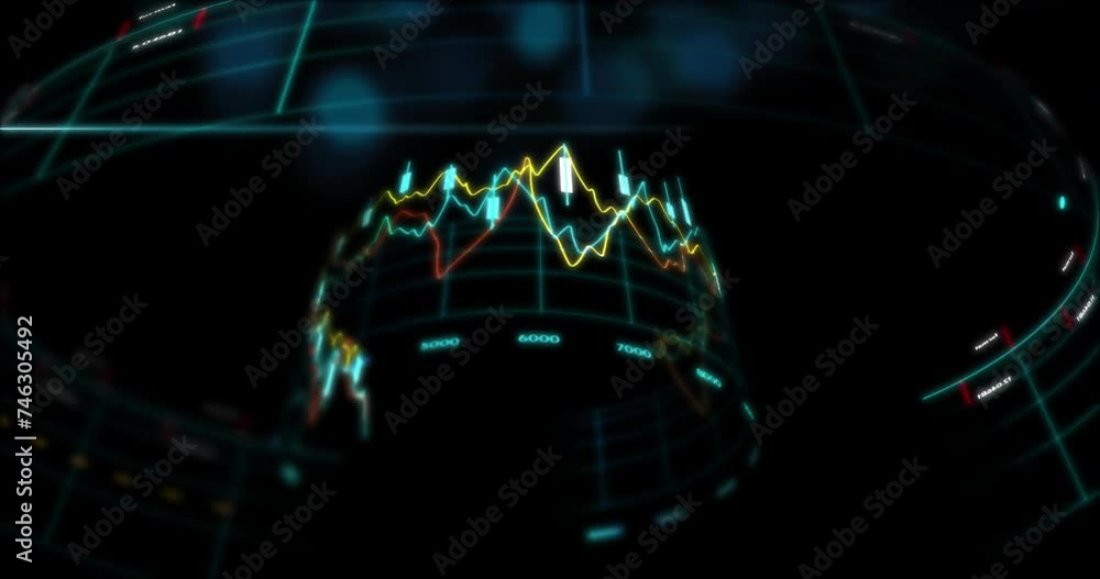 Poster animation of financial data processing over globe on black background