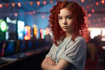 In a gaming center, a young female gamer poses with her arms crossed
