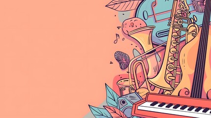 Jazz music instrument doodle cartoon banner