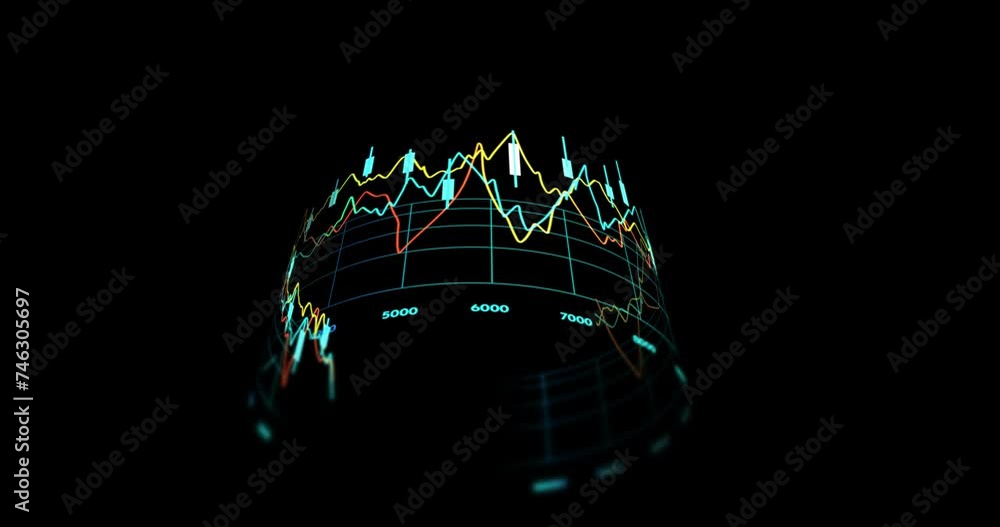 Poster animation of financial data processing over globe on black background