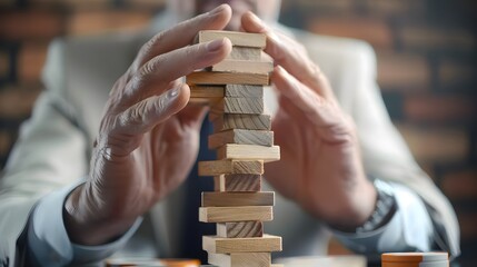 Planning, risk and strategy in business, businessman gambling placing wooden block on a tower - obrazy, fototapety, plakaty