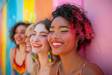 A group of friends radiate happiness, their laughter and colorful makeup set against a rainbow mural, symbolizing the joy of Pride. 
