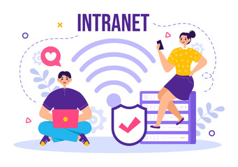 Intranet Internet Network Connection Technology Vector Illustration to Share Confidential Company Information and Website in Flat Cartoon Background