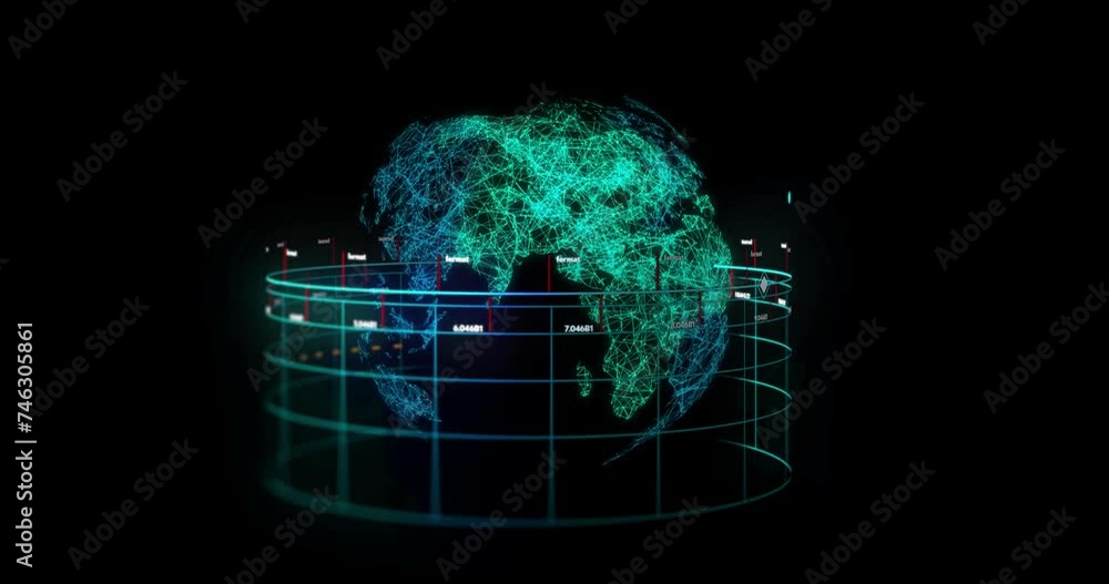 Poster animation of financial data processing over globe on black background