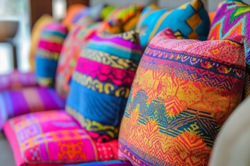 Colorful bright pillows with paintings and patterns