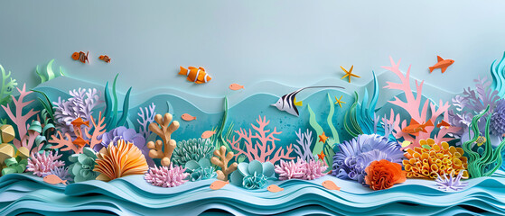 Fototapeta na wymiar Paper art Coral reef with small fish.