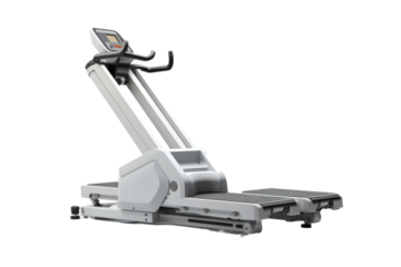 A treadmill with a digital monitor placed on top of it. The monitor displays workout metrics such as speed, distance, time, and calories burned. On PNG Transparent Clear Background.