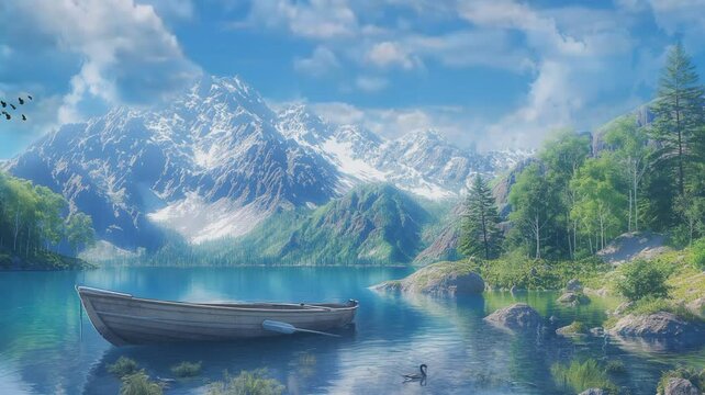 beautiful village scenery with lakes, mountain and wooden boat

