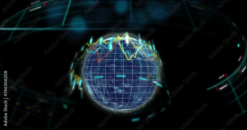 Poster animation of financial data processing over globe on black background