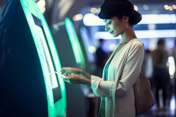 Information security can use technology to control and store systematically. Asia travel woman check in at automatic check in kiosk. Touching screen and choose flight detail and insert passport  - obrazy, fototapety, plakaty