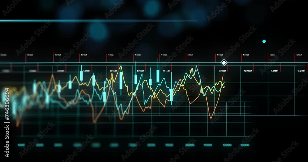 Poster animation of financial data processing over black background