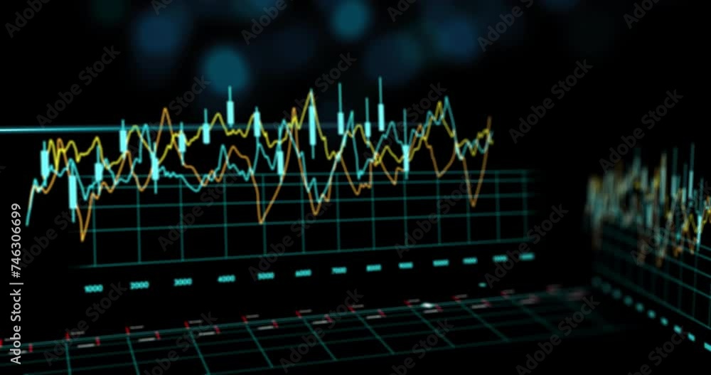 Poster animation of financial data processing over black background