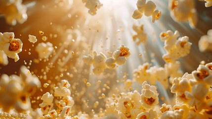 Popcorn on sky background Banner for cinema advertising Popcorn day.AI Generative 