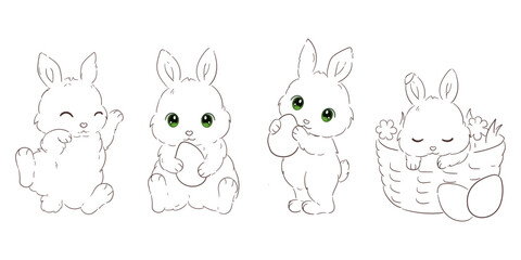 Line illustrations on the Easter theme, greetings "Happy Easter!", eggs, rabbits in different poses with Easter eggs.