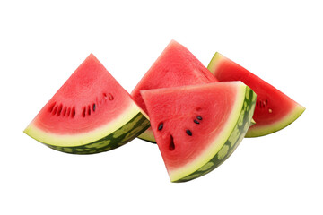 Slices of Watermelon. Fresh red and green watermelon slices are neatly arranged. The vibrant colors and juicy texture of the fruit. On PNG Transparent Clear Background.