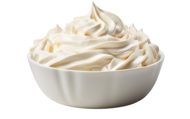A Bowl of Whipped Cream. A white bowl filled with fluffy whipped cream. The whipped cream is light and airy, with peaks formed from being whipped to perfection. On PNG Transparent Clear Background.
