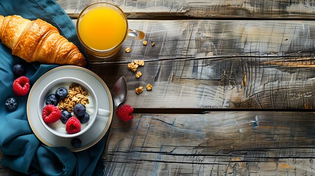 Healthy breakfast on rustic wooden table with berries and juice. fresh morning meal setup. simple, nutritious eating concept. AI