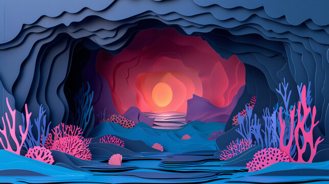 Paper art  dark underwater cave with coral.