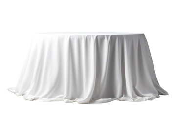 Round Table Covered With White Tablecloth. A round table covered with a pristine white tablecloth. The tablecloth drapes smoothly over the table,. On PNG Transparent Clear Background.