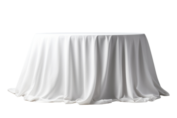 Round Table Covered With White Tablecloth. A round table covered with a pristine white tablecloth. The tablecloth drapes smoothly over the table,. On PNG Transparent Clear Background.