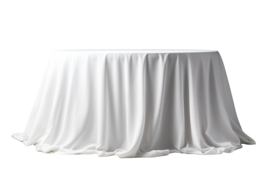 Round Table Covered With White Tablecloth. A round table covered with a pristine white tablecloth. The tablecloth drapes smoothly over the table,. On PNG Transparent Clear Background.