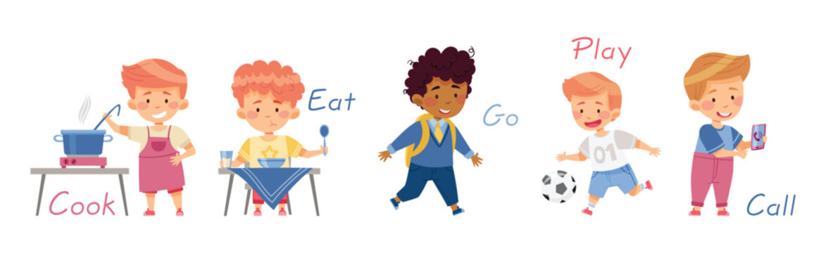 Verbs Study with Little Kids Doing Different Activity Demonstrating Vocabulary Vector Set