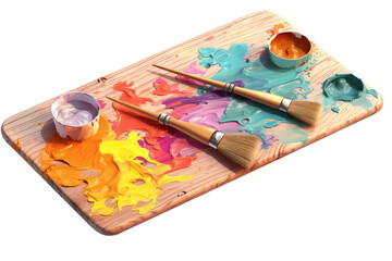 Wooden Tray With Paint and Brushes. A wooden tray sits on a table, filled with various paint colors and brushes of different sizes. On PNG Transparent Clear Background.