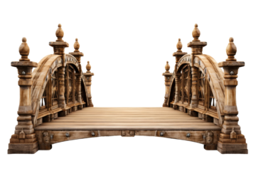 Wooden Bridge. A wooden bridge is simple in design, with planks forming the walkway and railings on the sides. On PNG Transparent Clear Background.