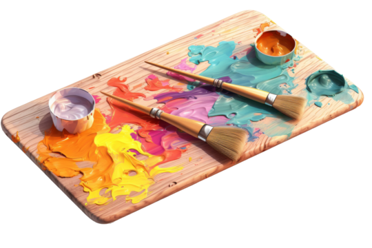 Wooden Tray With Paint and Brushes. A wooden tray sits on a table, filled with various paint colors and brushes of different sizes. On PNG Transparent Clear Background.