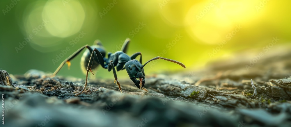 Poster macro close-up of a tiny red ant crawling on a green leaf in the forest