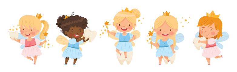 Cute Little Tooth Fairy with Baby Teeth and Magic Wand Vector Set