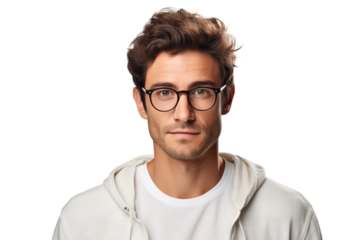Man Wearing Glasses and White Hoodie. A man with glasses is seen wearing a white hoodie. He appears to be standing or walking with a neutral expression on his face On PNG Transparent Clear Background.