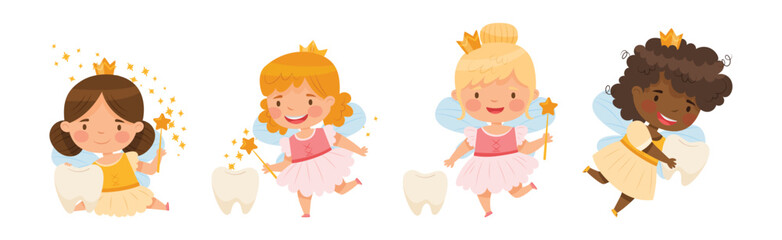Cute Little Tooth Fairy with Baby Teeth and Magic Wand Vector Set