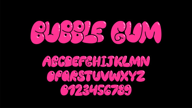 Playful pink bubble font inspired by 90s and Y2K themes. Puffy cartoon letters perfect for trendy and fun designs. Includes uppercase letters, numbers, and symbols.