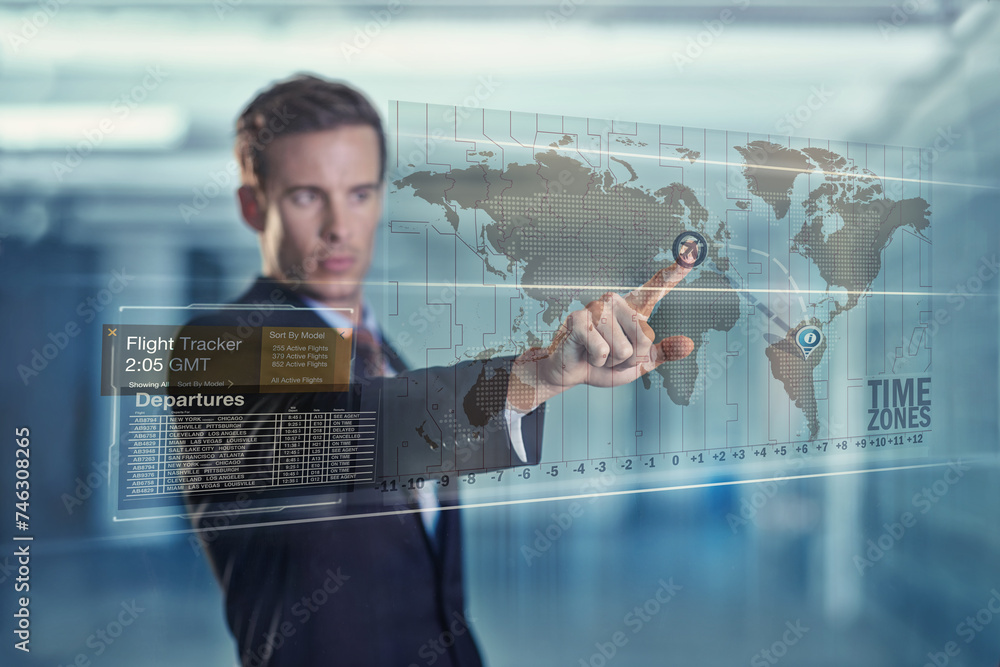 Poster Businessman, click and hologram with future display of digital interface or gui and global. Male person, fintech and software database for presentation with user experience or information technology.