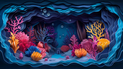 Fototapeta na wymiar Paper art dark underwater cave with coral.