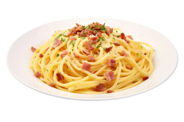 Plate of Spaghetti With Bacon and Parmesan Cheese. A plate holds a generous serving of spaghetti topped with crispy bacon strips and grated parmesan cheese. On PNG Transparent Clear Background.