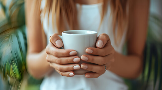 Woman with manicured nails holding a cup, generative ai