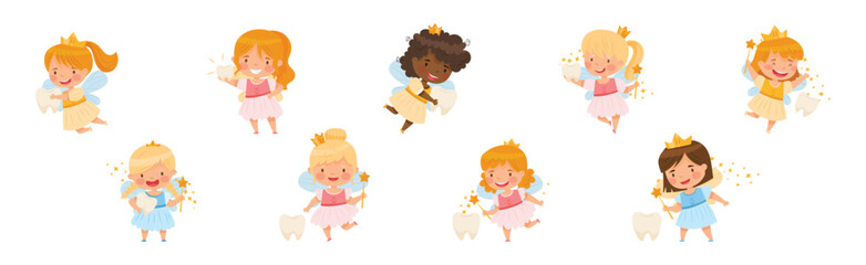 Cute Little Tooth Fairy with Baby Teeth and Magic Wand Vector Set