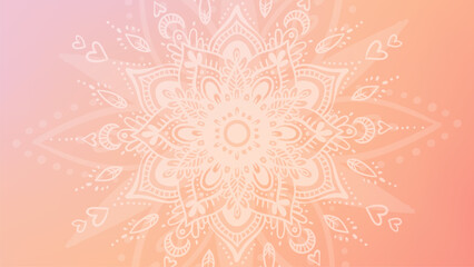 Round mandala on dreamy peach fuzz gradient background. Translucent mesh pattern in the form of a mandala. Mandala with floral patterns. Pastel Yoga template.