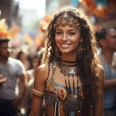 A smiling woman of samba dancers in vibrant costumes Brazil during the carnival. Young women...