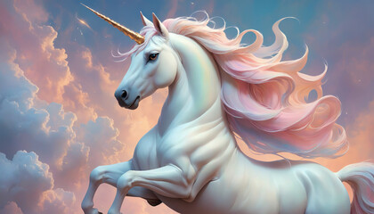 Obraz na płótnie Canvas Fantasy Illustration of a wild unicorn Horse. Digital art style wallpaper background in pastel colors.