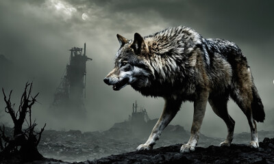 Fantasy Illustration of a wild animal wolf. Digital art style wallpaper background.