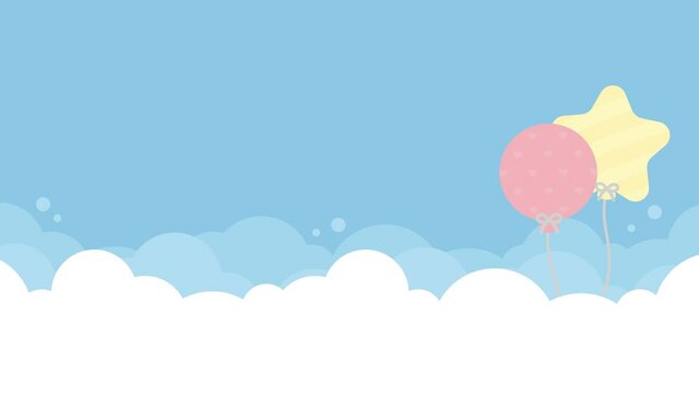 Cute white cloud with floating pastel colored balloons on bright blue sky animation background.
