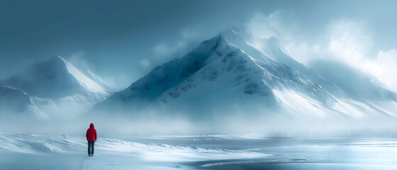 Lonely Man Among Winter Mountain Peaks. 
Illustration On The Theme Of Man And Nature, Loneliness And Climate. Generative AI	

