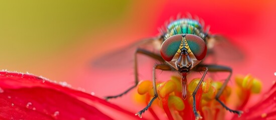 Close-up of a tiny fly perched on a vibrant red flower in a garden under the sun
