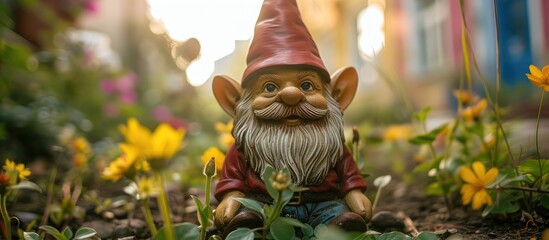 A garden gnome sits in the middle of a vibrant flower bed, surrounded by colorful blossoms. The...