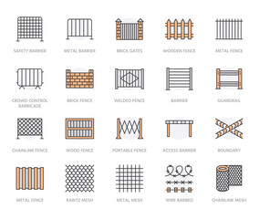Fence flat line icons set. Wood fencing, metal profiled sheet, wire mesh, crowd control barricades vector illustrations. Outline signs for protection store. Orange color, Editable Strokes
